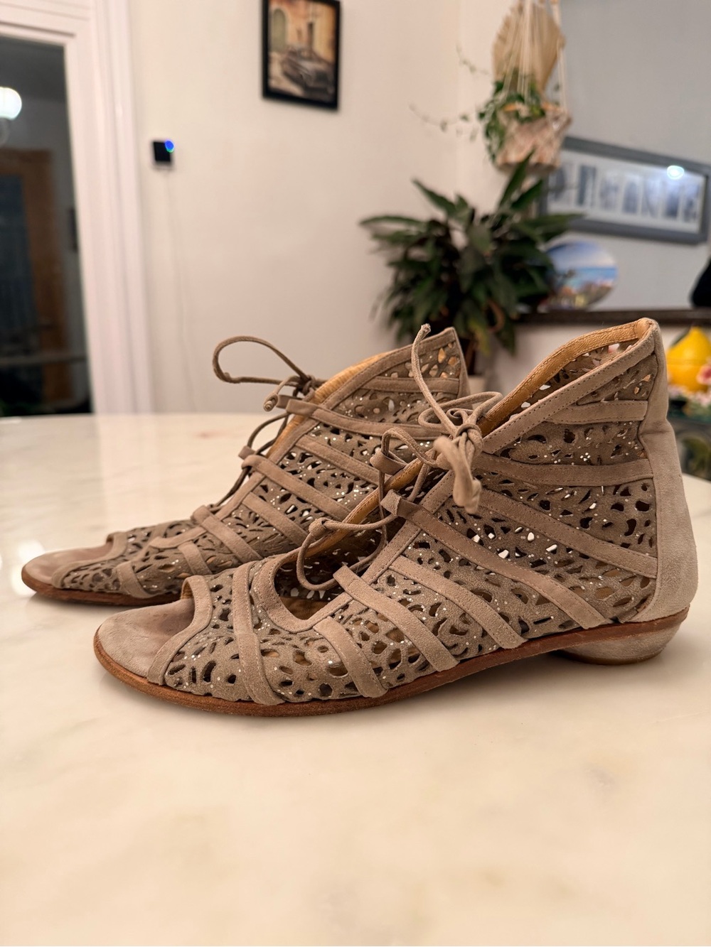 Y2K Rebeca Sanver Taupe Laser-Cut Lace-Up Sandal Booties